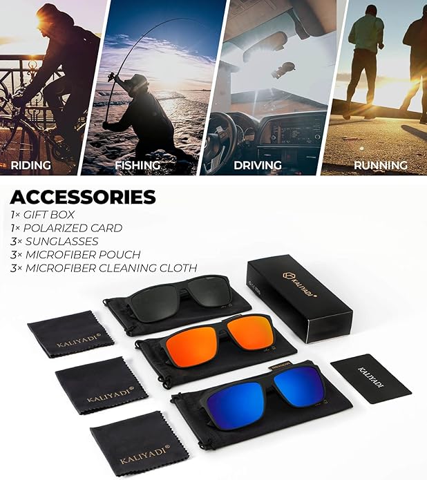 KALIYADI Polarized Sunglasses for Men and Women, Mens Sun Glasses with UV Protection for Driving Fishing Golf (3 Packs)