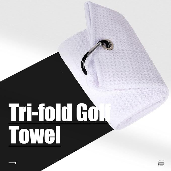 Mile High Life 2 Pack White Microfiber Tri-Fold Golf Towels with Carabiner Clip, Water Absorbent, Size 16"x21"