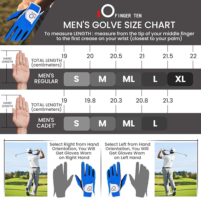 FINGER TEN Men's Golf Gloves for Right Left Handed Golfer Rain Grip Value 2 Pack, Golf Glove for Left or Right Hand Hot Wet Weather No Sweat Black Gray White Blue
