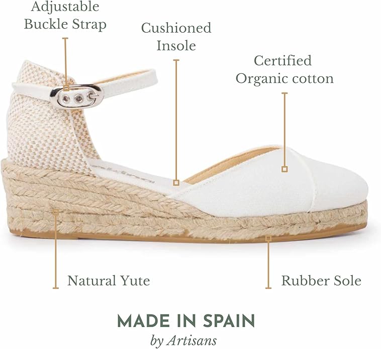 Girona Authentic Spanish Espadrille Wedge Sandals for Women - Sustainable, Eco Friendly, Vegan Shoes. Classic Style, Organic Cotton Canvas Upper, Comfy Insole, Jute Midsole, Rubber Sole. Made in Spain