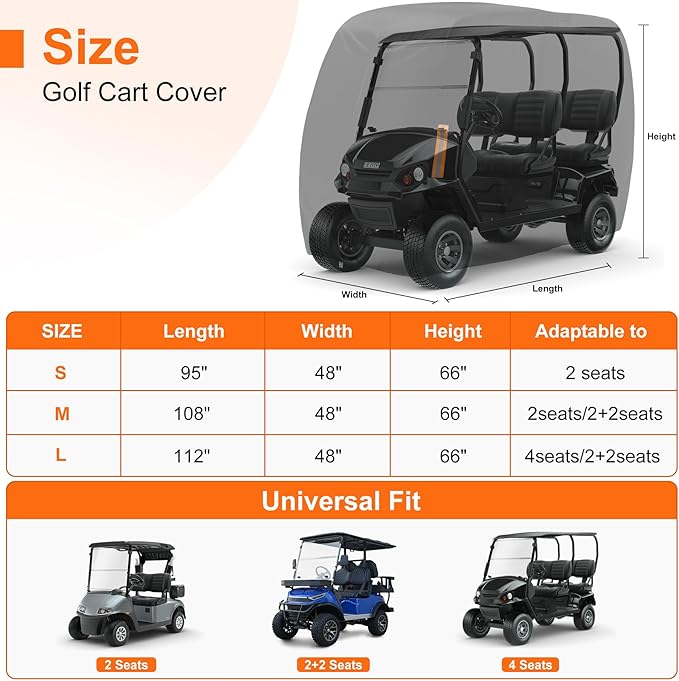 Golf Cart Cover 2 Passenger, 420D Heavy Duty Golf Cart Rain Cover with Waterproof Zipper and Reflective Strips, Universal Fits for 2 Seat Yamaha EZGO Honda Club Car
