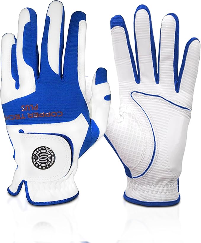 Men’s Golf Glove – White/Royal Blue – Copper Infused Compression for Arthritis Relief, Non-Slip Silicone Grip – USGA Approved