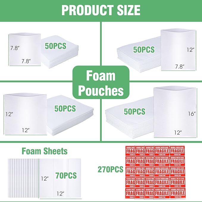 540Pcs Dish Packing Supplies for Moving, 270 Cushion Foam Wrap Pouches & Sheets 4 Sizes (16x12", 12x12", 12x7.8", 7.8x7.8") with 270 Fragile Stickers Plate Packing Sleeves for Fragile Shipping Storage
