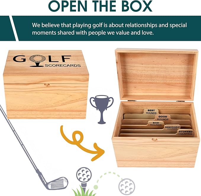 YeeBeny Golf Scorecard Collection Box, Golf Storage Box With 5 Wooden Dividers, Scorecard Keeper For Keepsakes Cards Club Storage Score Book Pencil Log, Unique Golf Gift