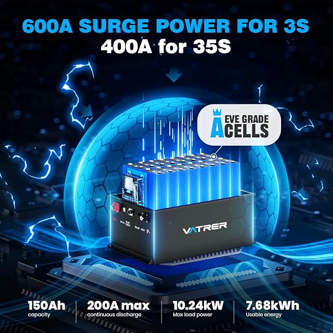 48V 150Ah Lithium Golf Cart Battery, Built-in Smart 200A BMS, with Touch Monitor & Mobile APP, 4000+ Cycles Rechargeable LiFePO4 Battery, Max 10.24kW Power Output, Perfect for Golf Carts