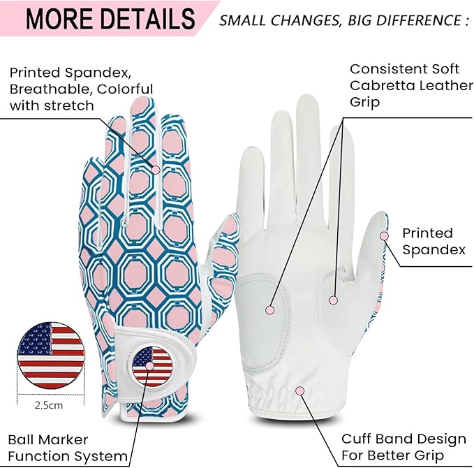 Amy Sport Womens Golf Glove with Ball Marker Rain Left Right Hand Leather Printed Pack, Ladies Golf Gloves All Weather Grip Breathable Soft Size Small Medium Large XL