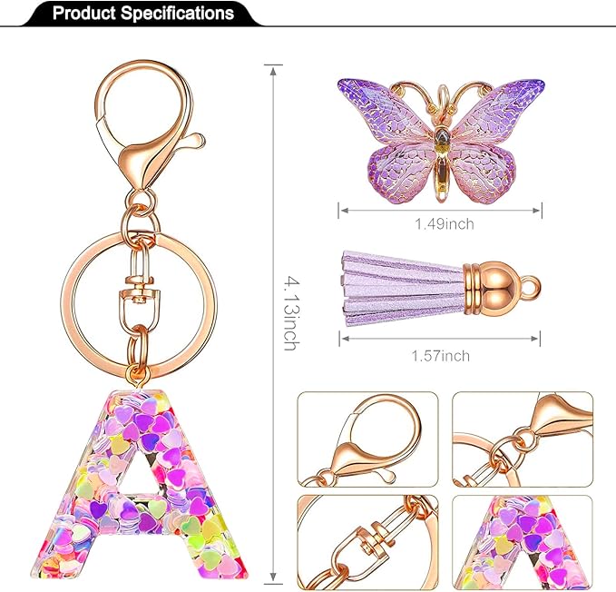 JINGUAZI Initial letter Keychains for Women Tassel Butterfly Pink Purple Cute Car Keychain for Wallet Backpack bag charm
