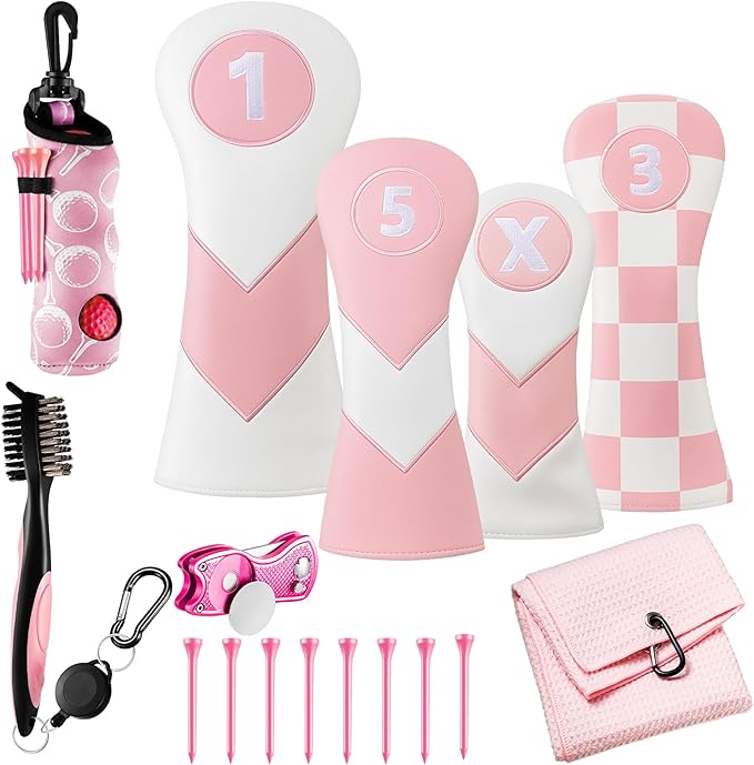 16 Pcs Pink Golf Accessories Kit Include 4 Pcs Golf Club Head Covers, Ball Bag with Hook Pink Towel Magnetic Ball Marker Tees Divot Tool Cleaner Brush for Christmas Women Girls Gifts
