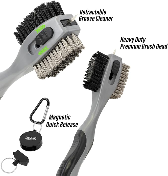 Magnetic Oversized Golf Club Cleaning Brush - 2X Bigger Brush Head with Quick Release and Retractable Groove Cleaner