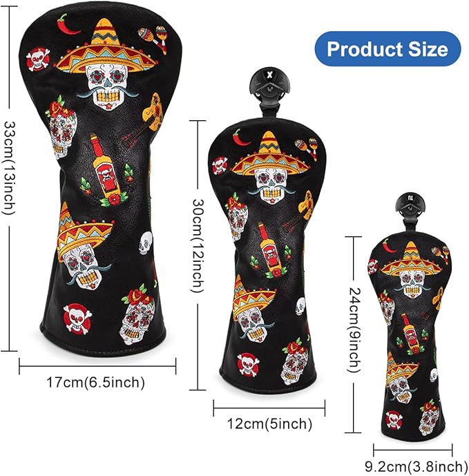 Golf Club Headcover for Drivers, Fairway Woods, Hybrids, and Mallet Blade Putter Sugar Skull Style Premium Leather Golf Headcovers Set with Interchangeable No. Tags