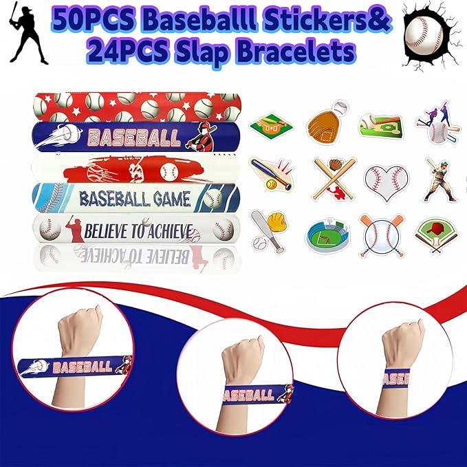 74Pcs Baseball Theme Party Favors BaseBall Theme 24PCS Slap Bracelets 50 Pcs Stickers,Baseball Party Team Gift Fillers School Classroom games Rewards Supplies
