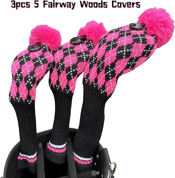 3pcs Knit Pink Golf Club Head Covers, Golf Driver 3 5 Fairway Woods Covers, Pom Pom Golf Wood Headcovers Covers for Driver, 3 5 Woods Women