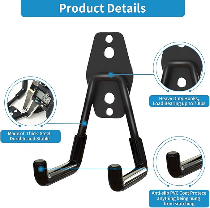 2 Pack Garage Storage Utility Hooks，Garage Garden Tool Organizer，Steel Wall Mount Hooks, Garden Small U Hooks (Black)