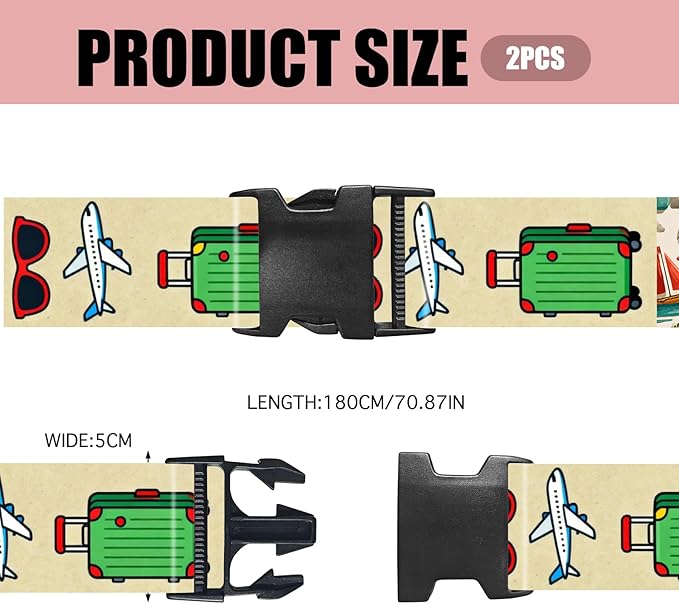 Nuxovilar Luggage Straps of 2 Set Sunglasses Airplane Suitcase Pattern, 1.96x90.5 inches - Luggage Straps for Suitcases, Perfect for Travel, Business Trips, Vacation