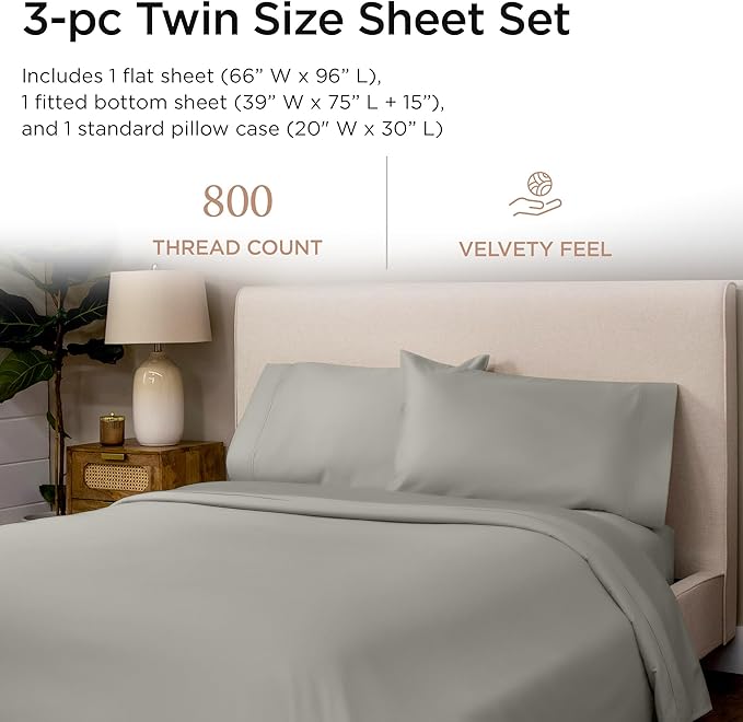 Threadmill Luxury 800 Thread Count Twin 100% Cotton Sheets - Moonrock Grey Sateen Weave Bed-Sheets, Better Than Egyptian Cotton,3 Pc Solid Soft Bedding Set, Fits 15" Deep Pocket