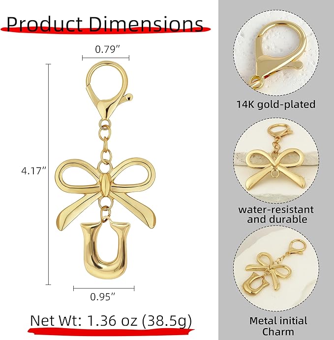 Gold Bubble Heart, Cherry, Bow & More Designs Letter Initial Keychain Bag Charms – Cute Purse Charms for Handbags