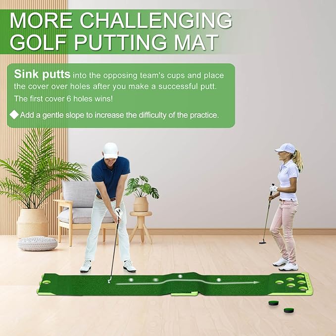 Golf Putting Game Set with Front Border for Indoor & Outdoor,Golf Putting Green Mat Include 4 Balls,1 Portable Bag,2 Flags&Cups,Practice Training Aid for Backyard,Party,Office