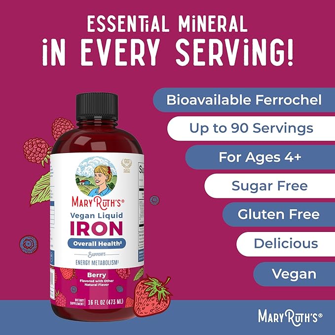Iron Supplement for Women Men & Kids | Liquid Iron Supplement for Women Men & Kids | Iron for Healthy Blood & Oxygen | Ages 4 & Up | Sugar Free | Vegan | Non-GMO | Gluten Free | 16 Fl Oz