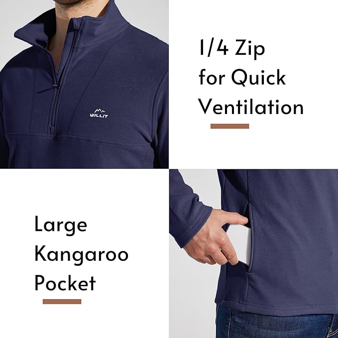 Willit Men's Winter Shirts Fleece Pullover with Pocket Quarter Zip Cold Weather Golf Hiking Casual Warm Shirts Long Sleeve