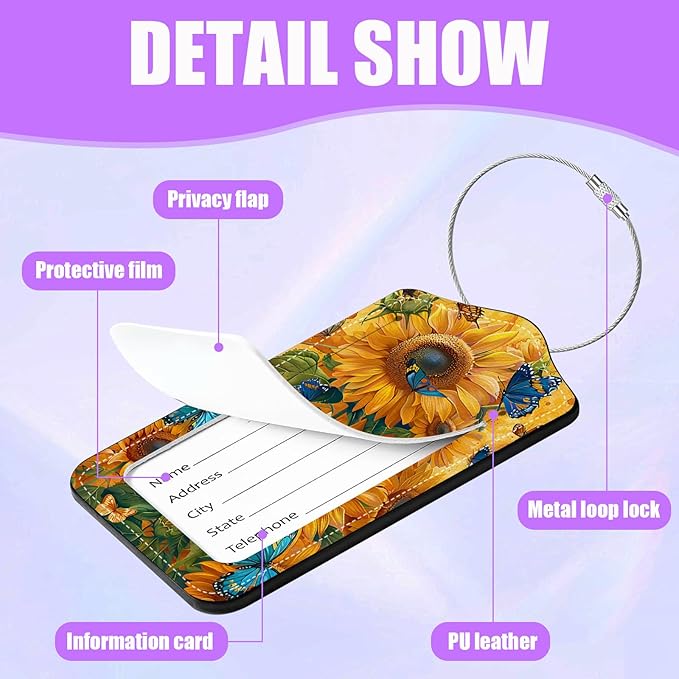 3 Pack Vintage Sunflowers Butterfly Luggage Tags for Suitcase PU Leather Travel Luggage Tag Privacy Cover ID Label for Women Men Baggage Backpack Handbag School Bag