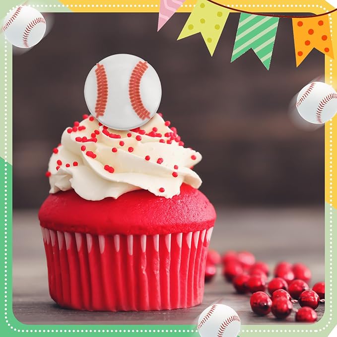 Honeydak 48 Pcs Baseball Cupcake Rings Toppers Decoration Sport Ball Theme Cupcake Picks Baseball Party Decoration Sport Cupcake Toppers Rings for Birthday Party Supplies