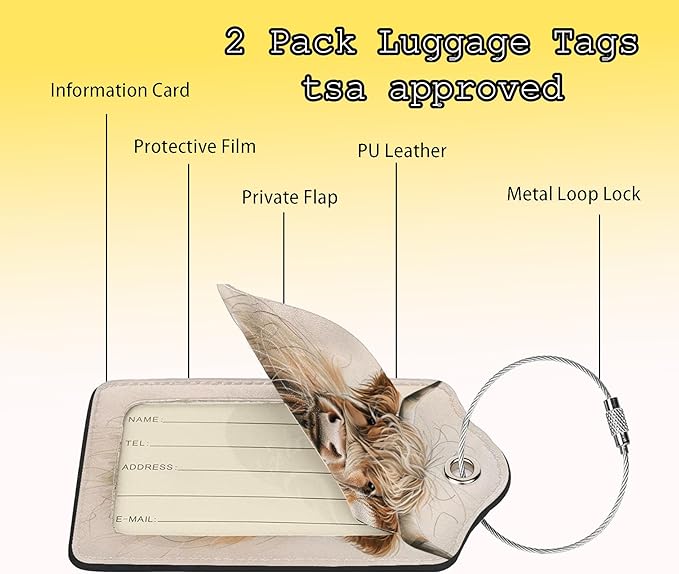TSA Approved Luggage Tags for Suitcases Highland Cow 2 Pack Funny Leather Carnival Cruise Airport Cute Travel Name Tags Golf Bag tag Ships Essentials Privacy Cover ID Label for Women Men