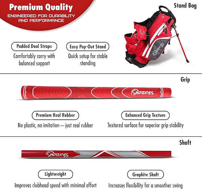 Shorties Golf - Kids Golf Club Set | Perfect for Toddler Golfers and Kids 34"-38" Tall | EasyCarry Stand Bag | Driver, 7-Iron, Putter, Headcover, and Rain Cover