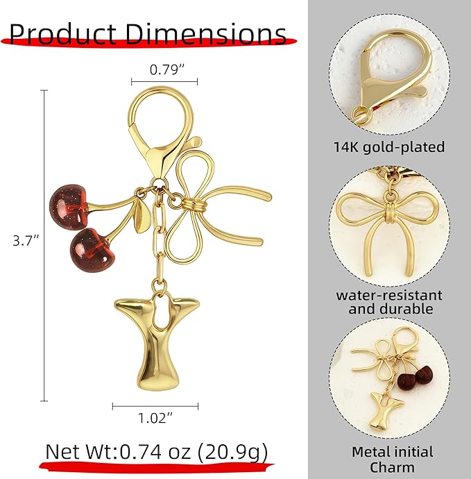 Gold Bubble Heart, Cherry, Bow & More Designs Letter Initial Keychain Bag Charms – Cute Purse Charms for Handbags