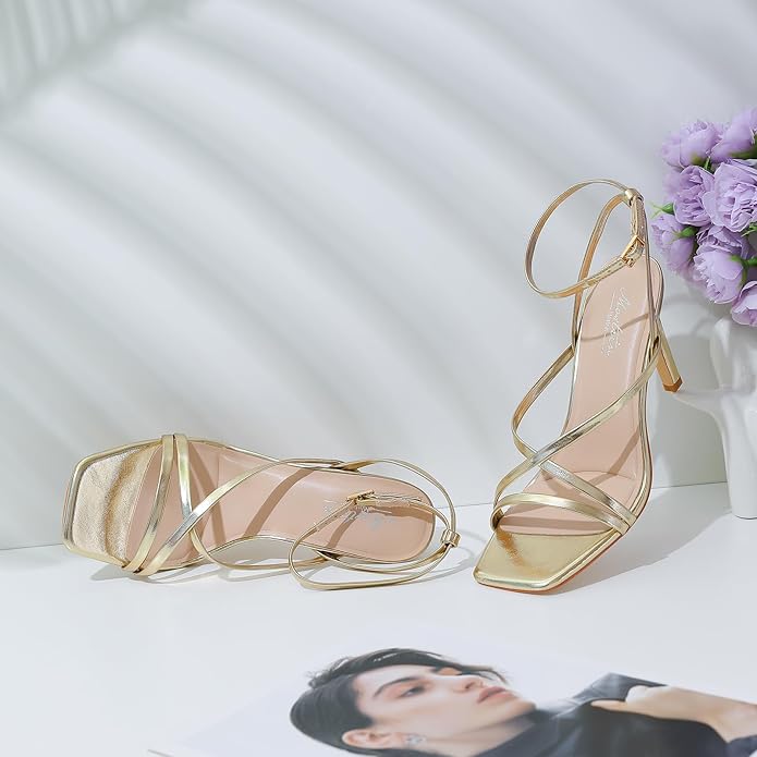 Mostrin Strappy Heels for Women Square Open Toe Lace Up Heeled Sandals Ankle Strap Sexy Stiletto High Heels for Party, Prom, Dating, Wedding