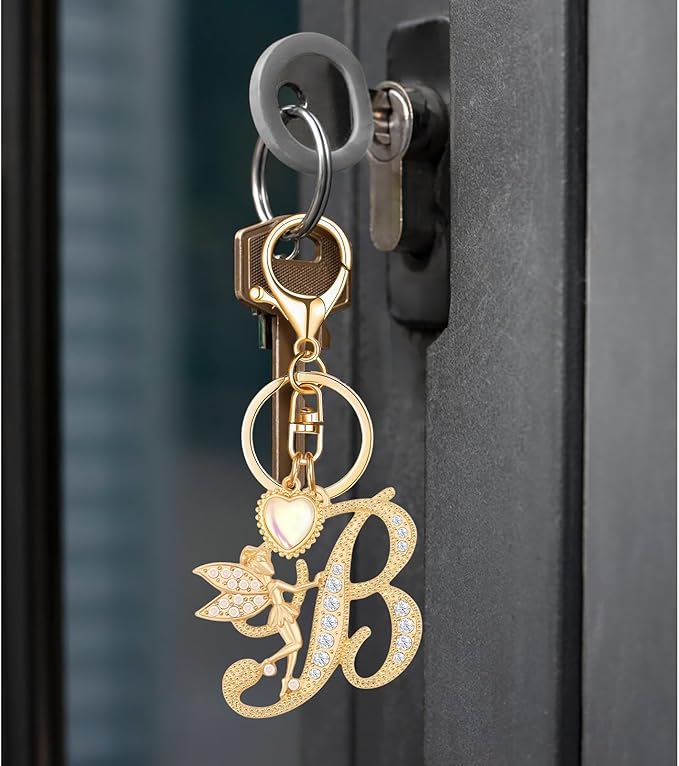 Gold Plated Alphabet Initial Letter Keyring Keychain for Women Girls Crystal Key Chains for Wallet Backpack Bag Charm