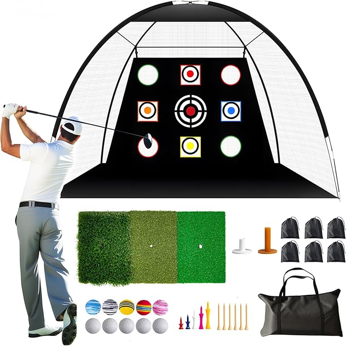Golf Net Set with Tri-Turf Mat 10x7FT Golf Practice Net for Indoor Outdoor Training, Portable Golfs Accessories for Men, for Men & Lovers