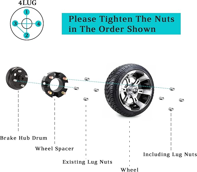 10L0L 2 Inch Golf Cart Wheel Spacers Kit with Lug Nuts, Fits Club Car, Yamaha, EZGO Golf Carts, 4x4 Bolt Pattern, 68mm Hub Bore, 1/2-20 Studs, Aluminum Alloy, Durable 4 Pack Wheel Hub Adapters