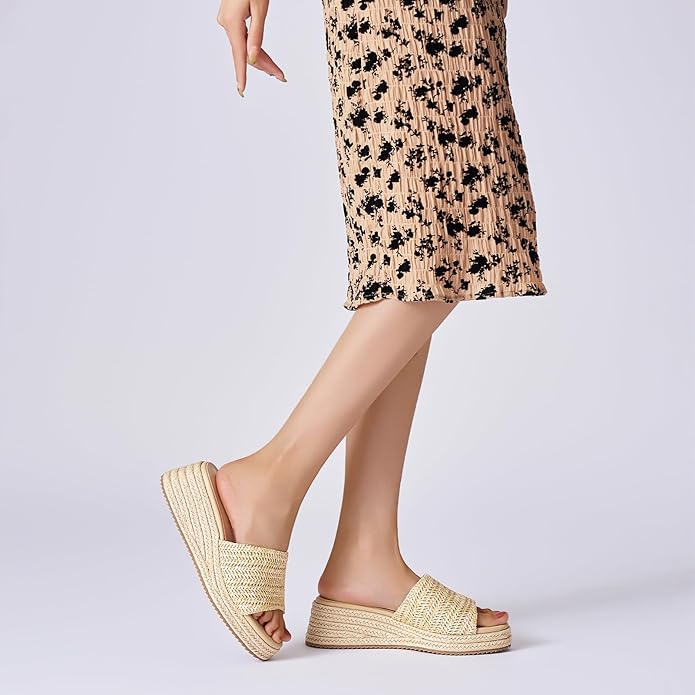 Platform Sandals Women Raffia Slip On Wedge Sandals,Comfortable Summer Wicker Espadrilles,Straw Beach Vacation Slides Shoes