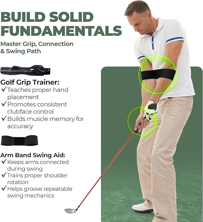 6-in-1 Golf Training Aid with Divot Board, Golf Grip Trainer, Swing Trainer, Alignment Sticks | Golf Accessories for Men & Women | Hitting Mat Practice Indoor & Outdoor