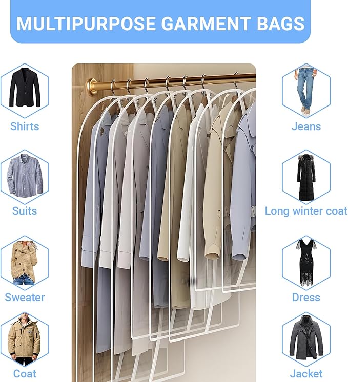 Garment Bags for Hanging Clothes 24'' x 55'' (Set of 12) Coat Covers for Closet Foldable Washable Dress Bags for Hanging Clothes for Long Dress Dance Costumes Suits Gowns Coats