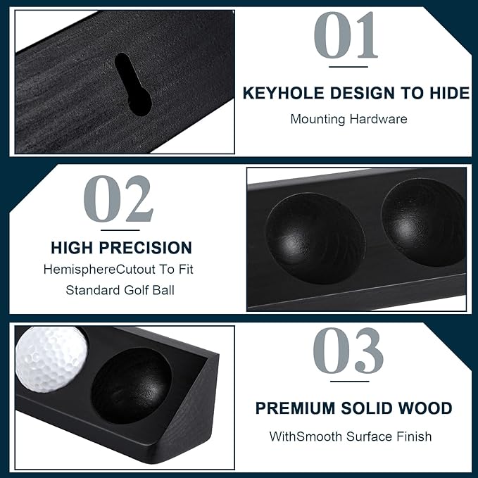 Golf Ball Display Case 6 Standard Size Wooden Wall Mount Golf Ball Stand Holder Display for Collector Sport Memorabilia Accessories Gift Office Tabletop Decor(Black,1 Pack)