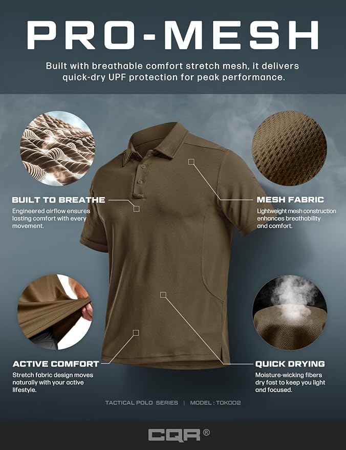 CQR Men's Polo Shirts, Tactical Short Sleeve Golf Performance Shirts, Lightweight Dry Fit UPF 50+ Pique