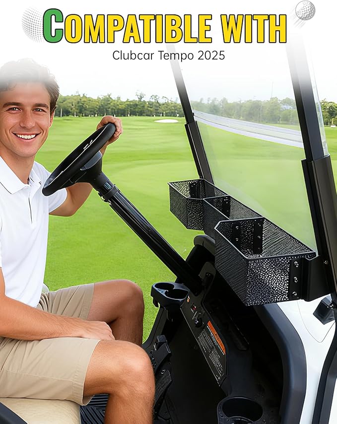 Black Inner Front Storage Basket Compatible with Club Car Tempo 2025 Accessories, Large 3-Compartment Golf Cart Front Dash Storage Tray Organizer, No Drilling Required