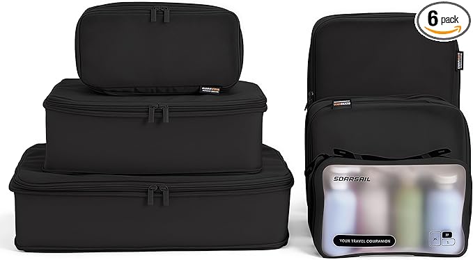 6 Set Compression Packing Cubes for Travel, Large Medium Small Luggage Organizers, Storage Bags for Clothes and Essentials (6 Pack, Jet Black)