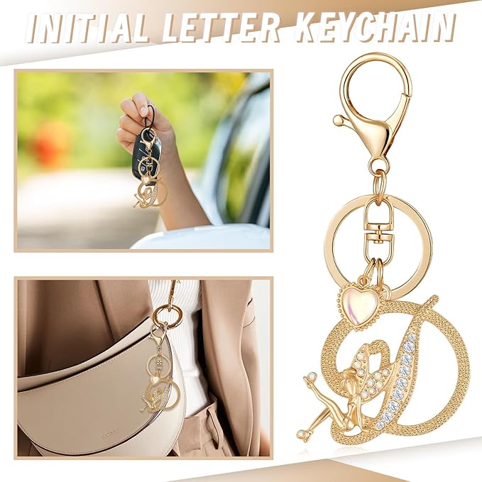 Gold Plated Alphabet Initial Letter Keyring Keychain for Women Girls Crystal Key Chains for Wallet Backpack Bag Charm