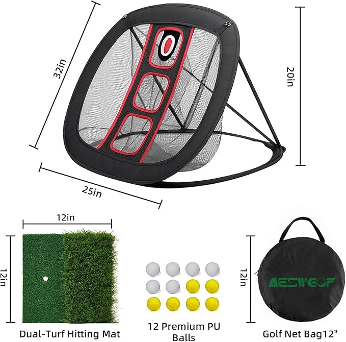 Golf Chipping Net Set with Mat & 12 Practice Balls – All-in-One Golf Training Kit – Portable, Easy Setup for Backyard & Indoor Use – Great Gift for Golfers and Beginners