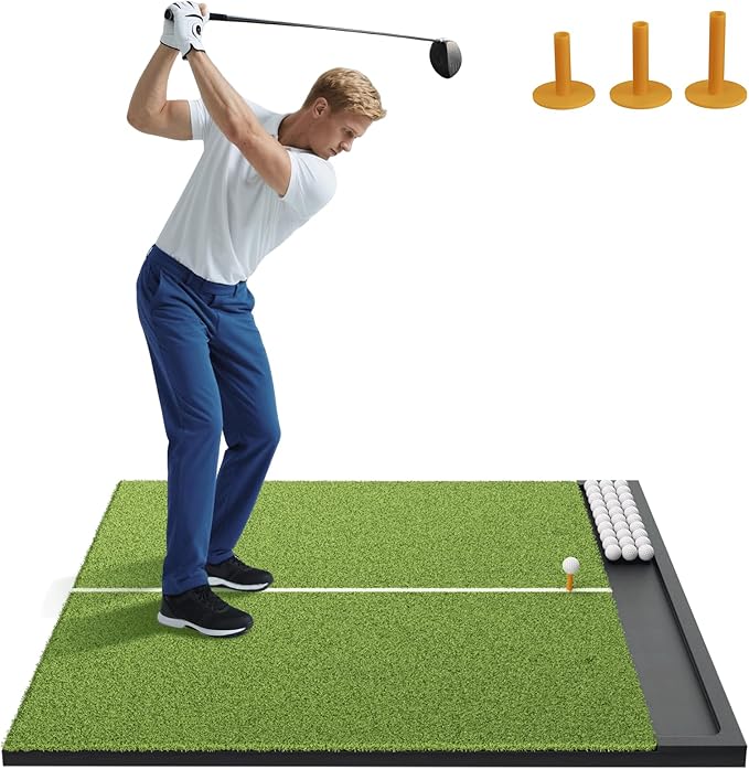 Golf Hitting Mat with Ball Tray, 5x4 / 6x4 ft, 26mm / 31mm Thick, Pro & Elite Turf with Swing Path Line, Premium Golf Practice Mat for Indoor & Outdoor Swing, Chipping, Training