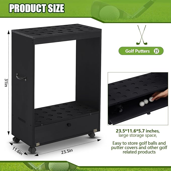 27 Hole Golf Club Stand Holder Wooden Golf Club Organizer Putter Display Rack with Storage Drawer and Wheel for Indoor Home Office Simulator Garage