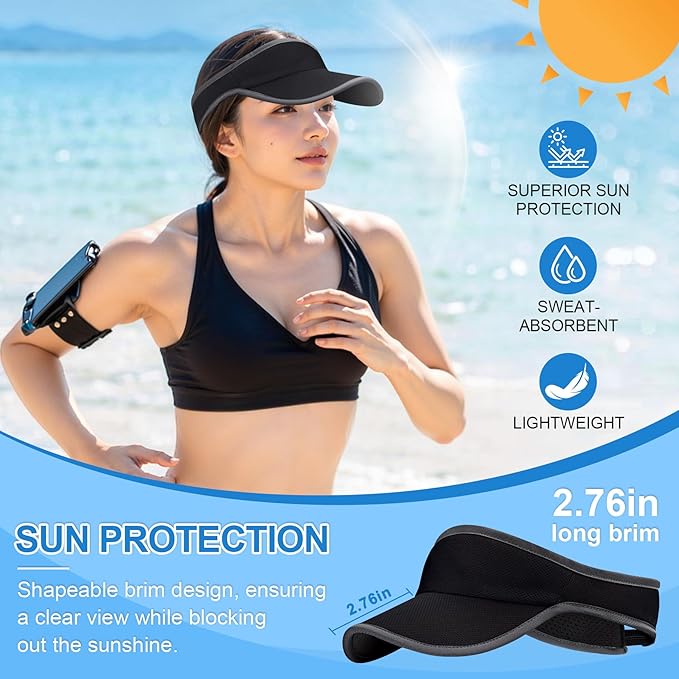 Sports Sun Visor for Men Women, Lightweight Soft Quick-Dry Visor Hat, Packable Tennis Golf Running Visor