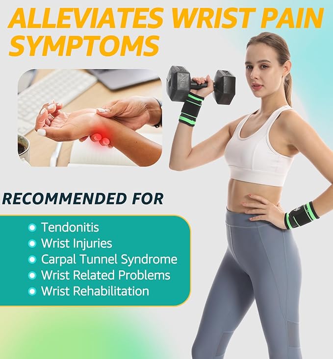 HiRui Wrist Brace Wrist Wraps Compression Wrist Strap, Wrist Support for Work Fitness Weightlifting Sprains Tendonitis, Carpal Tunnel Arthritis, Pain Relief, Adjustable Wristbands 2 PACK (Green, S)