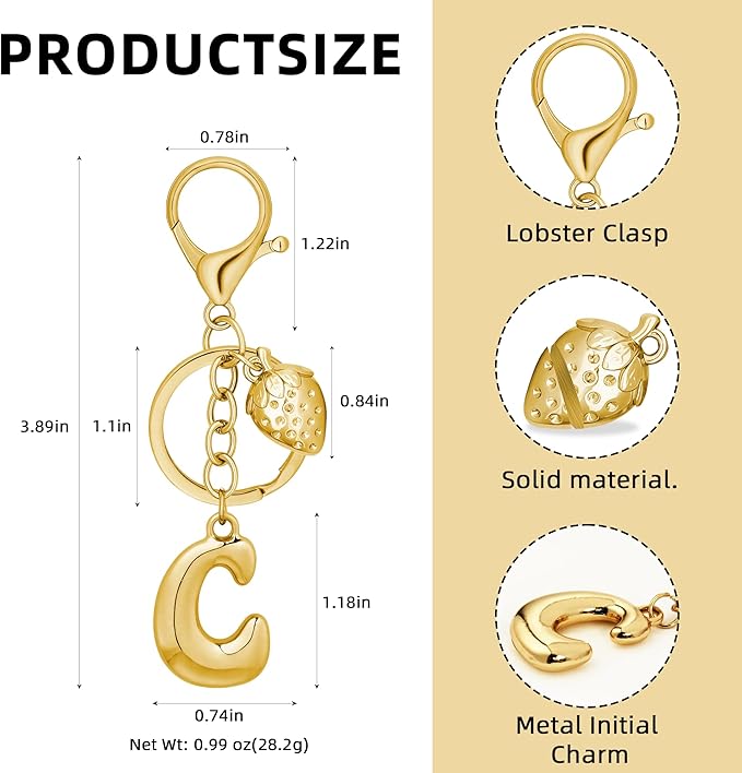 Gold Bubble Heart, Cherry, Bow & More Designs Letter Initial Keychain Bag Charms – Cute Purse Charms for Handbags
