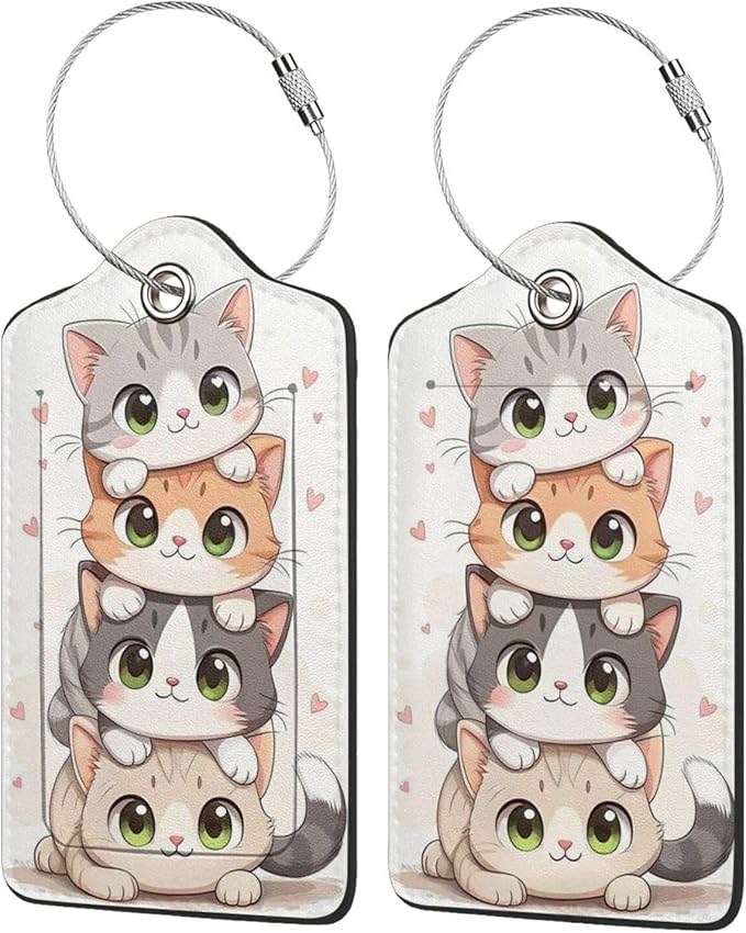 TSA Approved Luggage Tags for Suitcases Cute cat 2 Pack Funny Leather Carnival Cruise Airport Cute Travel Name Tags Golf Bag tag Ships Essentials Privacy Cover ID Label for Women Men