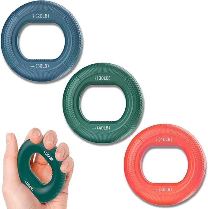 LEZER Hand Grip Strengthener, Finger Exerciser, Forearm Ring, Silicone Squeezer, Muscle Training, Fitness Workout, Physical Therapy, Set of 3, 20-60 LBS