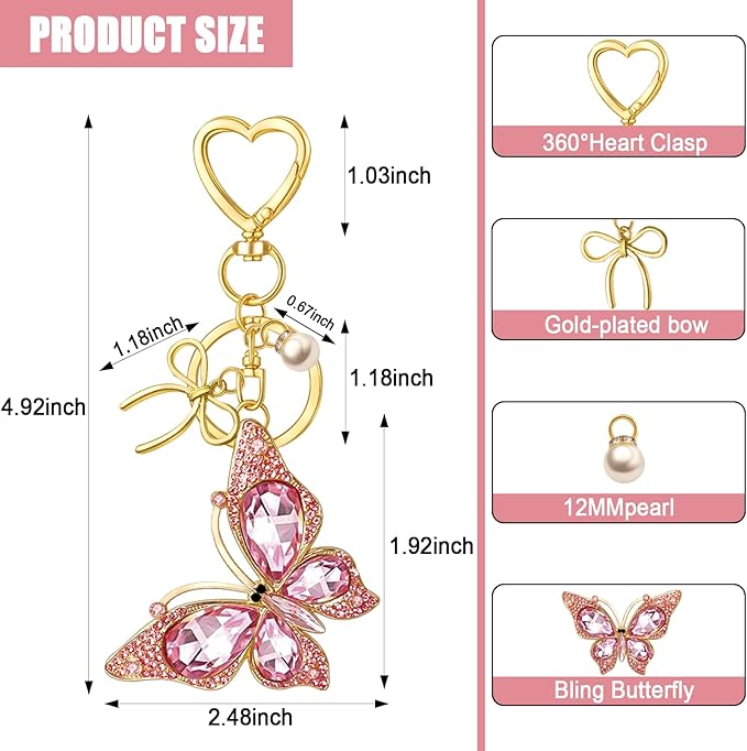 Bag Charm Keychain for Women: Cute Bow Keychains with Diamond Butterfly Pendant, Bags Purse Key ring Accessory