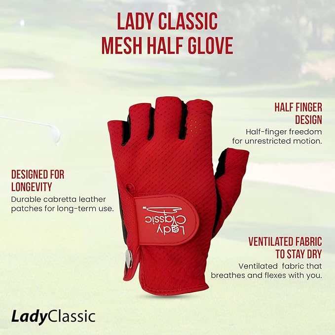 Mesh Half Golf Glove for Women – Premium Cabretta Leather Palm, Breathable Mesh Back, Half-Finger Design Ladies Golf Glove for Enhanced Grip & Comfort